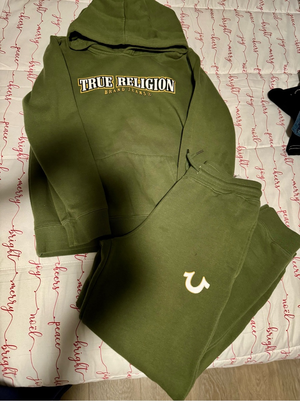 True Religion Olive Green Hoodie & Jogger Set with Arch Logo